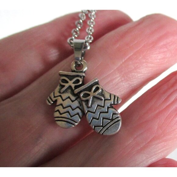 New Mittens Pendant Necklace With 18" Stainless Chain Winter Jewelry Gift - Picture 3 of 5